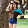 Leopard Color Block Half Sleeve Top - Turquoise