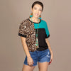 Leopard Color Block Half Sleeve Top - Turquoise