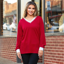  V- Neck Waffle Knit Long Sleeve Top - Maroon