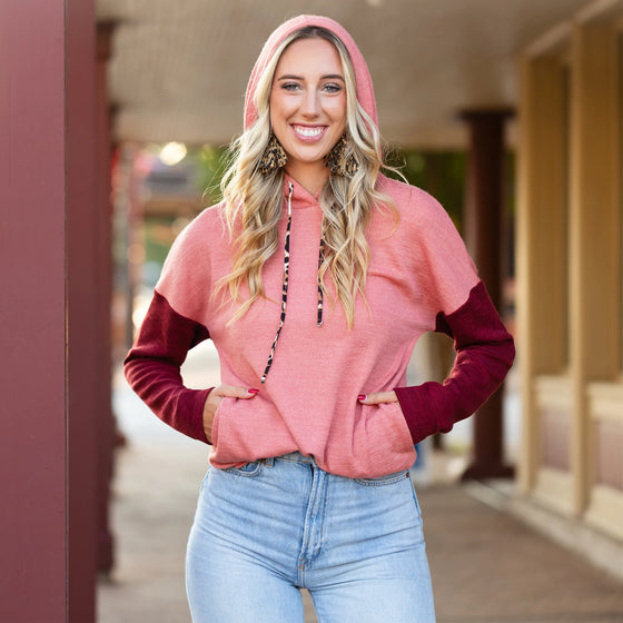 Color Block Hoodie with Leopard Accents and Pockets