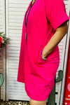 Hot-pink women dress with short sleeve and v-neckline