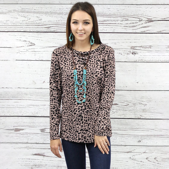 Leopard Long Sleeve Top with Criss Cross Lace