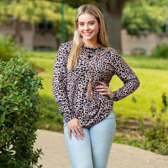 Leopard Long Sleeve Top with Criss Cross Lace