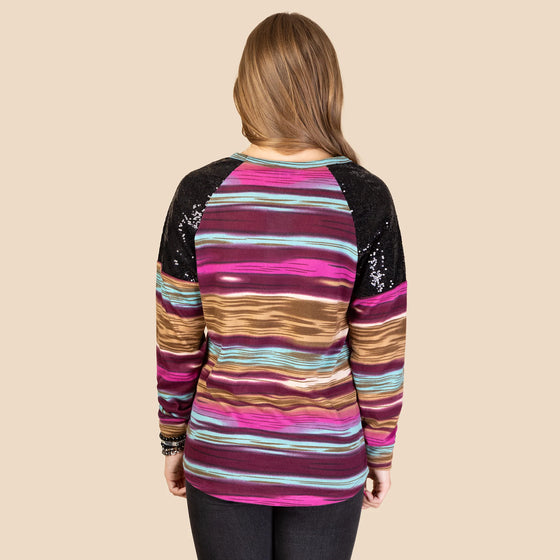 Multicolor Stripes and Sequin Long Sleeve Top