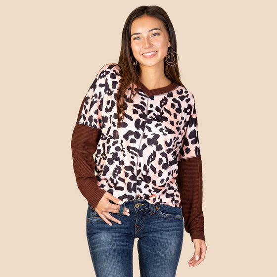 Pink Leopard Long Sleeve Top with Waffle Knit