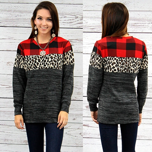 Buffalo Plaid & Leopard Color Block Top