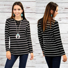  Striped Long Sleeve Top w/ V Neck Lace - Black