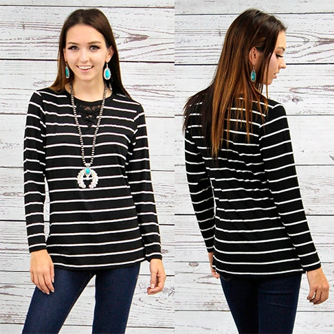 Striped Long Sleeve Top w/ V Neck Lace - Black