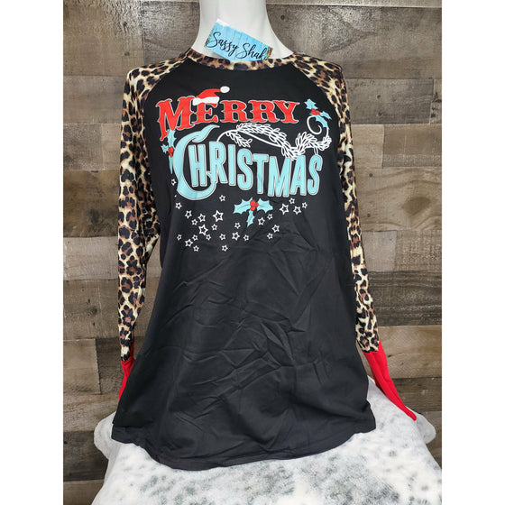 Merry Christmas Long Sleeve Cheetah Top