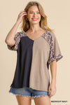 Animal Print Color Block V-Neck Top with Side Slits