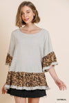 Linen Blend Animal Print Bell Sleeve Round Neck Top with Ruffle Hem