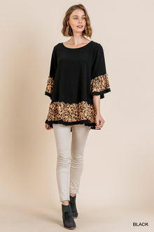  Linen Blend Animal Print Bell Sleeve Round Neck Top with Ruffle Hem