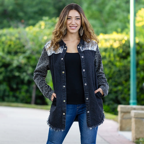 Denim Shacket with Sequin and Pockets