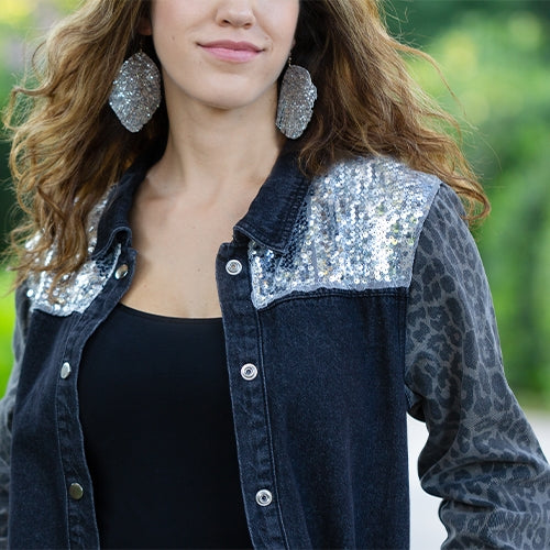 Denim Shacket with Sequin and Pockets