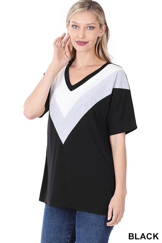 CHEVRON COLORBLOCK V-NECK TOP