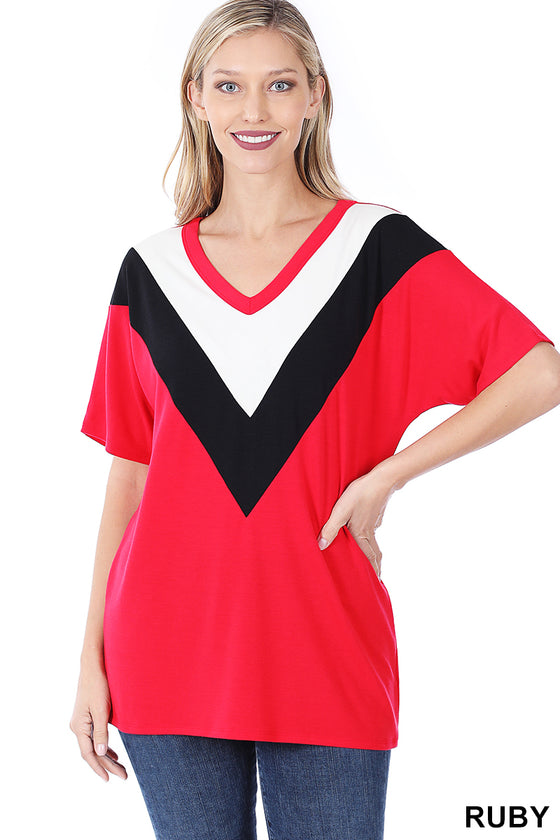 CHEVRON COLORBLOCK V-NECK TOP