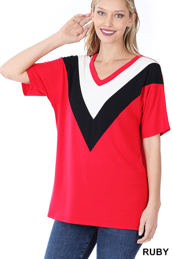 CHEVRON COLORBLOCK V-NECK TOP