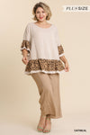 Linen Blend Animal Print Bell Sleeve Round Neck Top with Ruffle Hem