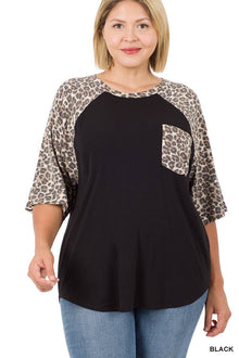  PLUS SIZE LEOPARD RAGLAN SLEEVE POCKET TOP