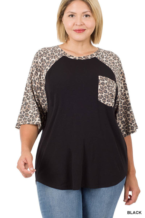 PLUS SIZE LEOPARD RAGLAN SLEEVE POCKET TOP