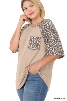  PLUS SIZE LEOPARD RAGLAN SLEEVE POCKET TOP