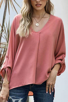  Stylish V-Neck Long Sleeve Top - Coral