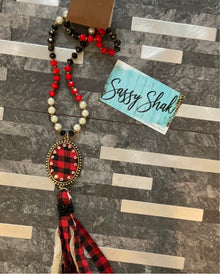  Emma - Red Plaid Tassel Necklace w/ Pendant