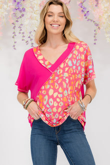  FLORAL COLOR BLOCK SHORT SLEEVE TOP